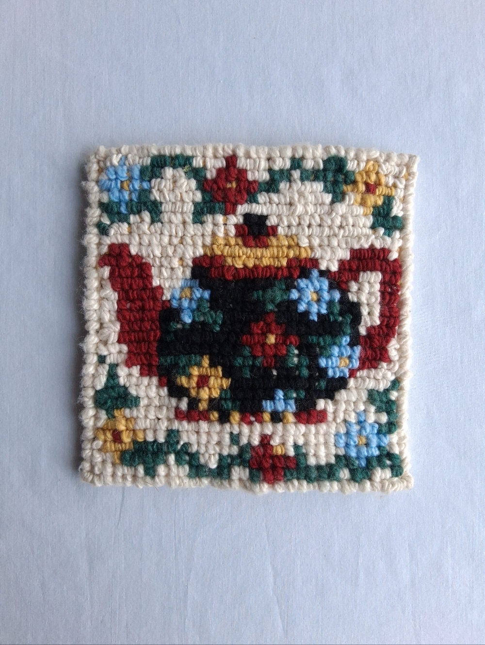 Vintage Tapestry Floral Tea Pot Needlepoint Folk Art Decor farmhouse